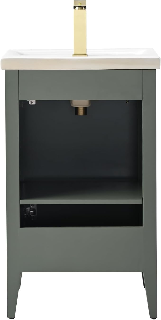 HOMEBEYOND 20" Bathroom Vanity with Ceramic Sink, Solid Wood Free-Standing Vanities Cabinet, Ceramic Top, Golden Brushed Hardware & Soft Closing Door, Vintage Green