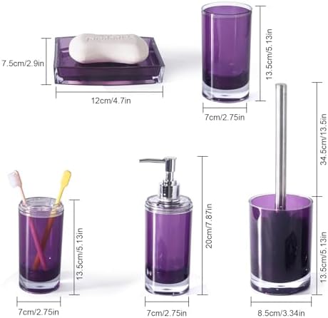 5 Pcs Purple Acrylic Bathroom Accessories Set Complete,Lotion/Soap Dispenser,Soap Dish,Toothbrush Holder, Tumbler,Toilet Brush and Holder,Modern Bathroom Decor and Housewarming Gift Set (Dark Purple)