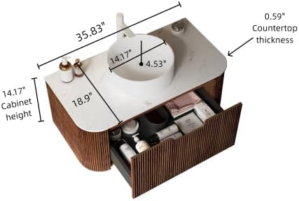 LKTART 36 Inch Floating Bathroom Vanity with Sink, Modern Wall Mounted Bathroom Storage Cabinet with Drawer, Round White Ceramic Sink Top and Marble Texture Top,Walnut