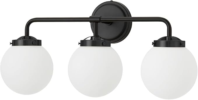 Bathroom Light Fixtures 22.4in 3-Light Matte Black Vanity Lights for Mirror | Dimmable Bathroom Lighting Fixtures over Mirror, ETL, E12 Base Max 60W, Modern Wall Sconce, Milky White Glass Ball Shades