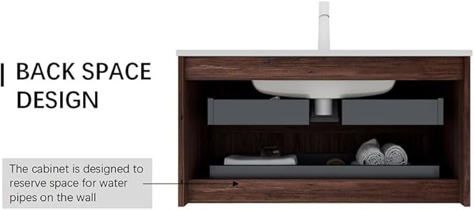 36" Floating Bathroom Vanity with Sink, Wall Mounted Modern Bathroom Cabinet with 2 Soft Close Drawers, Oak & Plywood, Pre-Assembled with Integrated Ceramic Basin – Bruges, Retro Walnut