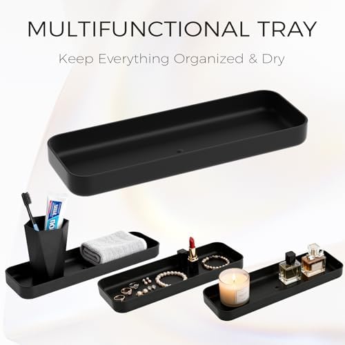 Black Bathroom Accessories Set, Unbreakable Bathroom Set, Trash Can, Toilet Brush with Holder, Soap Dispenser, Toothbrush and Toothpaste Holder, Tumbler, Soap Dish, Qtip Holders, Tray, Bamboo Decor