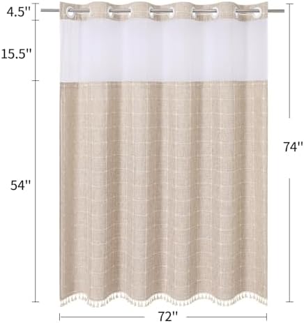 MitoVilla No Hooks Required Farmhouse Shower Curtain with Snap-in Liner - with Window & Magnets, Boho Cotton Linen Fabric Shower Curtains with Tassels for Rustic Bathroom Decor, Tan/Taupe, 72 x 74