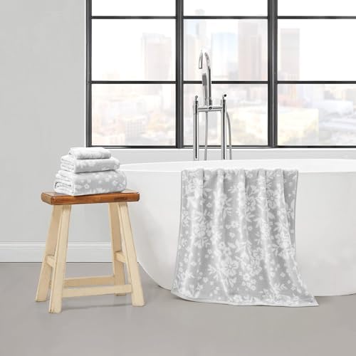 Lucky Brand Folk Floral 6 Piece Bath Towel Set - (2) Bath Towels, (2) Hand Towels, and (2) Washcloths - Glacier Grey Premium Bathroom Towel Set