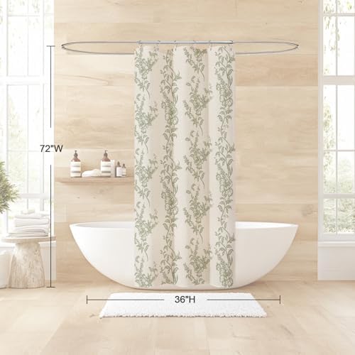 Sage Linen Farmhouse Shower Curtain, Boho Floral Bathroom 36x72