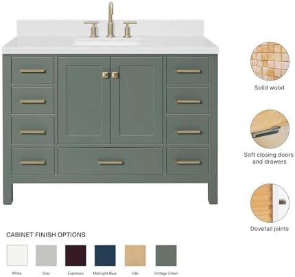 ARIEL Cambridge 48-inch Bathroom Vanity with Sink,Solid Wood, 1.5-inch Carrara White Quartz Countertop, Single Rectangular Porcelain Sink, 2 Soft Closing Doors, 9 Dovetail Drawers, Vintage Green
