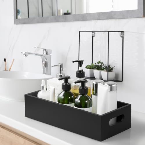 ALELION 14 Inch Black Wood Bathroom Storage Basket with Handles, Toilet Paper Basket for Back of Toilet Tank Top, Wooden Organizer Tray for Bathroom Countertop, Vanity, Kitchen, Pantry, Laundry Room