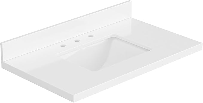 ARIEL 36 inch Bathroom Vanity top with Sink, 1.5 Inch Thick Miter Edge White Quartz top, Rectangle Single Porcelain Sink, Includes Backsplash