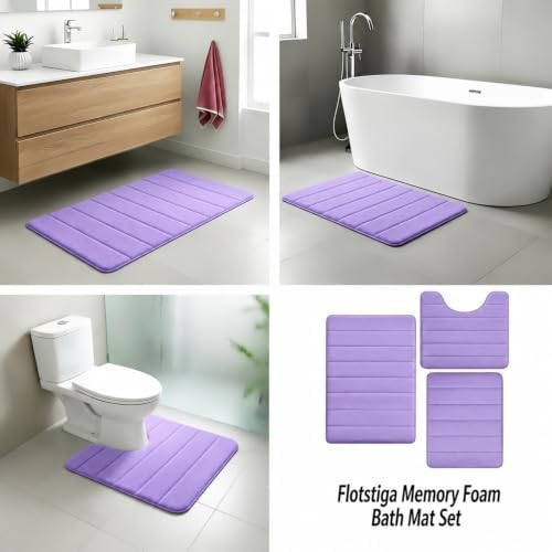 Memory Foam Bath Mat Set 3 Piece,Super Soft Absorbent Bathroom Rug Non Slip, Quick Dry,Machine Wash, Perfect Plush Bathroom Rugs,Home Decor Accessories,Lavender Purple
