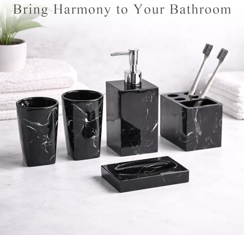 5 Piece Bathroom Accessories Set, Marble Resin Bathroom Vanity Set, Soap Dispenser, Toothbrush Holder, Soap Dish & 2 Tumblers, Bathroom Countertop Organizer Set (Ink Black)