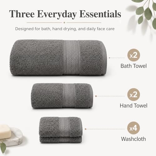 BIOLINEN Grey Towel Set 8 Piece Bathroom Set, 2 Bath Towels 2 Hand Towels 4 Washcloths, 100% Cotton Soft Absorbent Towel Sets for Bathroom, Gym, Spa
