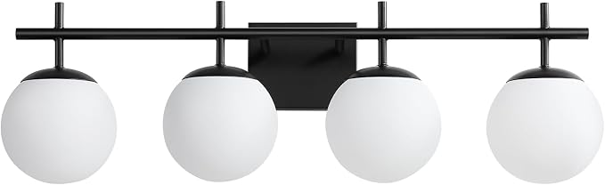 AIJIASI Bathroom Lighting Fixtures Over Mirror, 4-Light Matte Black Vanity Light, 30.7 Inch Modern Bathroom Light Fixtures with Milky White Glass Globe Shade Bath Vanity Lighting Fixtures Wall Sconce