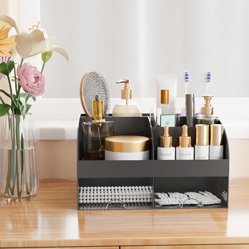 Makeup Organizer with Drawers, Cosmetic Storage for Dresser Vanity and Bathroom Countertop, Beauty Holder for Lipstick Brush, Skincare Organizer for Vanity, Cosmetic Display Case (Black)