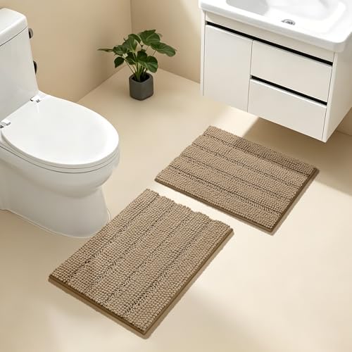 Bcoimo Bath Rug Mat Sets, 2 Piece Extra Soft Chenille Tan Bathroom Mat Set