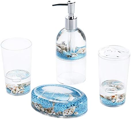 Locco Decor 4 Piece Acrylic Liquid 3D Floating Motion Bathroom Vanity Accessory Set Oceam Theme Sea Shell Conch Toothbrush Holder, Tumbler, Soap Dispenser, Soap Dish