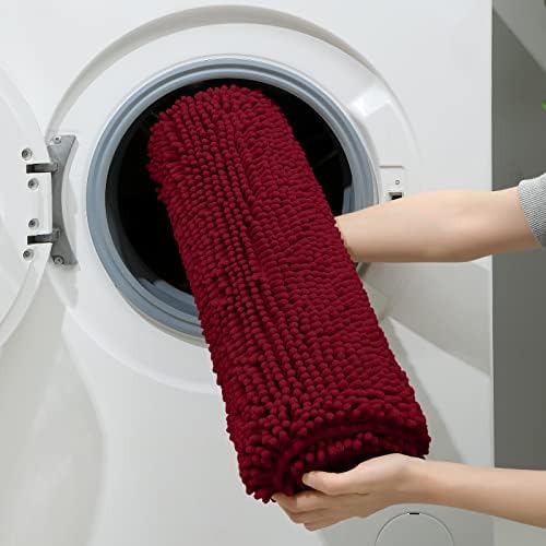 HOMEIDEAS Burgundy Chenille Bathroom Rugs Set of 3, Non Slip Bath Mat