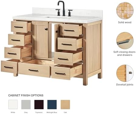 ARIEL Cambridge 48-inch Bathroom Vanity with Sink,Solid Wood, 1.5-inch Carrara White Quartz Countertop, Single Rectangular Porcelain Sink, 2 Soft Closing Doors, 9 Dovetail Drawers, White Oak