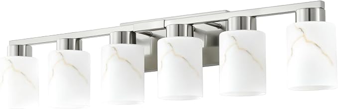 6-Light Bathroom Light Fixtures, Modern Vanity Lights, Brushed Nickel Metal Wall Lamp with White Marble Glass for Bathroom, Mirror, Living Room, Bedroom, Cabinet, Porch, Hallway, E26 Base