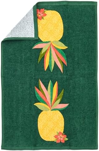 Ritz 4-Piece Kitchen Towel Set, Pineapple Hibiscus & Multi-Stripe Prints with Dark Pine & Lime Green Textured Terry, 100% Cotton & Absorbent Blend, 16" x 26", Tropical Island Kitchen Decor
