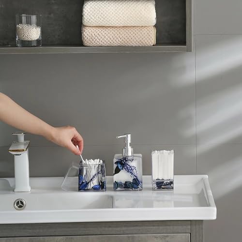 Blue Clear Bathroom Accessories Set,4PCS Flower Acrylic Bathroom Accessory Sets Complete, Lotion Soap Dispenser, Tumbler, Qtip Holder, Soap Dish, Modern Bathroom Décor Set, Gift for Home