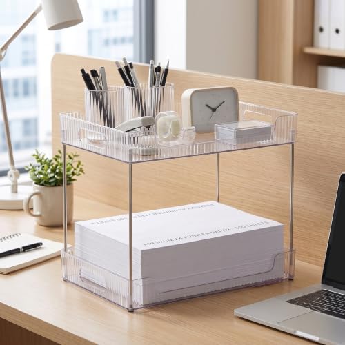 Goderewild 2-Tier Bathroom Counter Organizer, Multi-Purpose Cosmetics Skincare Shelf, Fits A4 Size Makeup Organizer for Office and Vanity Tray, Countertop Storage Solution for Kitchen,Bath.(Clear)