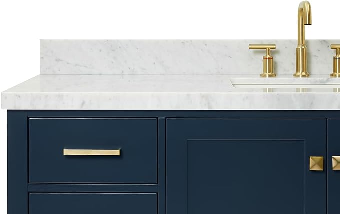 Beckford 60 Inch Bathroom Vanity Single Sink — Midnight Blue Bathroom Vanity with Sink, 1.5" Edge Italian Carrara Marble Countertop & Backsplash, 2 Soft-Close Doors, 9 Dovetail Drawers