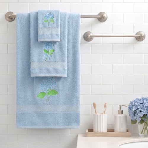 3 Pcs Hydrangea Floral Bathroom Towel Set Farmhouse Embroidered Hydrangea Floral Towels Vintage Decorative 100% Cotton Bath Towel Highly Absorbent Elegant Decor Set for Bathroom