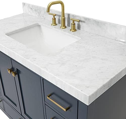 ARIEL Cambridge 48-inch Bathroom Vanity with Sink,Solid Wood, 2-inch Italian Carrara Marble Countertop, Single Rectangular Porcelain Sink, 2 Soft Closing Doors, 9 Dovetail Drawers, Midnight Blue