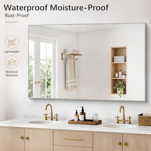 DESBING 60" x 40" Bathroom Mirror, Silver Metal Frame Wall Mirror
