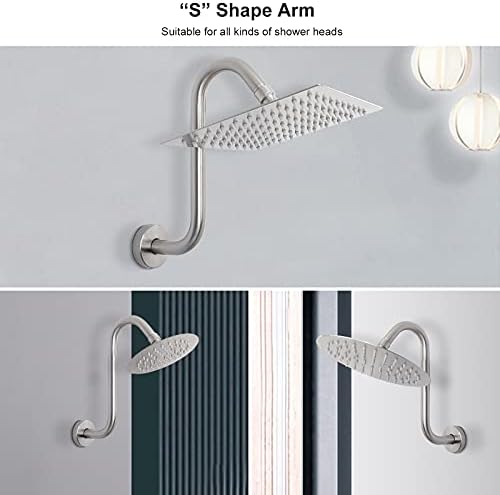 NearMoon S Shaped Shower Head Riser Arm, Shower Extender Arm with Flange, Standard 1/2" Connection- Bathroom Accessory (10 Inch, Brushed Nickel)