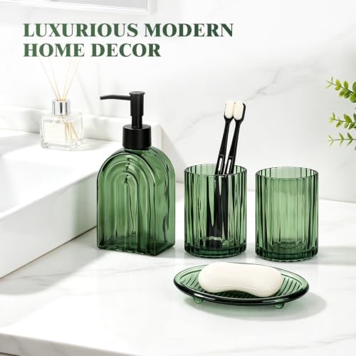 Bathroom Accessories Set, 4Pcs Glass Bathroom Accessories Set Complete, 13.5OZ Lotion Soap Dispenser, Toothbrush Holder, Mouthwash Cup, Soap Dish for Bathroom Decor, Countertop Organizer (Green)