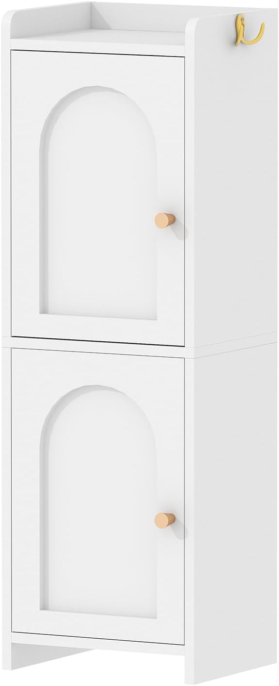 Small Bathroom Storage Cabinet,Corner Floor Cabinet with 2 Doors and Adjustable Shelf, Narrow Toilet Paper Cabinets with 2Hooks,Toilet Organizer for Small Spaces,7.87"D*9.84"W*29.72"H(White)