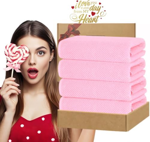 VOOVA & MOVAS Bath Towels 4PC, 100% Cotton, 30x56 in, Baby Pink