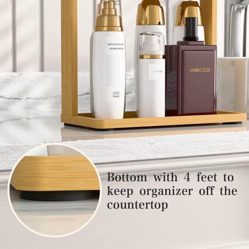 PEKER Bamboo Bathroom Organizer Countertop โ Small Vanity Storage Shelf for Makeup, Perfume, Skincare โ Natural Cosmetics Display Rack for Dresser, Sink, Kitchen โ Natural