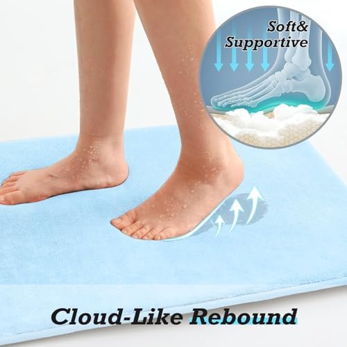 HUXMEYSON Bathroom Rugs Sets 3 Piece, Non-Slip & Quick Dry Bath Mat Set, Ultra Soft Velvet Bath Rugs for Bathroom, Toilet and Shower Floor, Light Blue