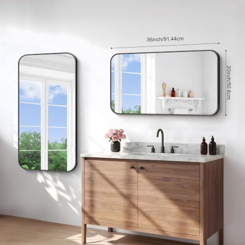 BONEWEI 20x36 inch Bathroom Mirror,Black Rectangle Mirror,Wall Mounted Bathroom Frame Vanity Mirror with Round Corner for Bedroom Living Room,Entryway Hangs Horizontal or Vertical