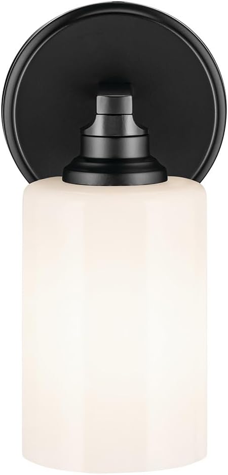 Kichler Gioe 5" 1-Light Wall Sconce with Opal Glass in Black, Damp Rated, for Powder Room, Bathroom, Kitchen, Hallway, Bedroom, Fireplace, (5" W x 9.5" H), 55224BK