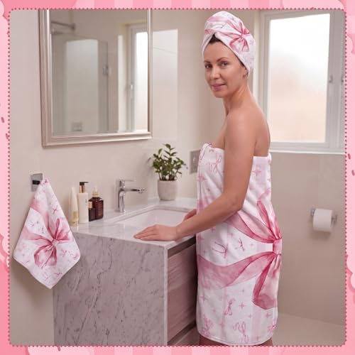 Moukeren Set of 3 Pink Bow Bath Towels, Decorative Towels for Bathroom