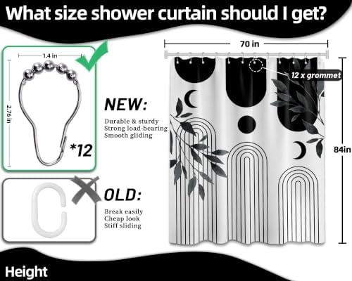 Mid Century Modern White and Black Shower Curtain Bohemian MCM Black and White Shower Curtains for Mens Bathroom Decor, Boho Minimalist Pattern, Waterproof Cloth Fabric with Hooks 70x84 in