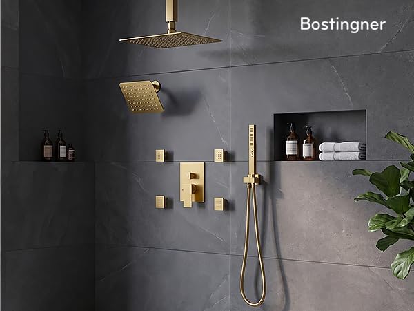 Brushed Gold Shower System with Body Jets, Bostingner 4 Way Shower Faucet Set with 2 in1 Handheld,Ceiling Mount 12 Inch Shower Head with 6 Inch Shower Head,4Pcs Body Jets With Dual Head Shower Set