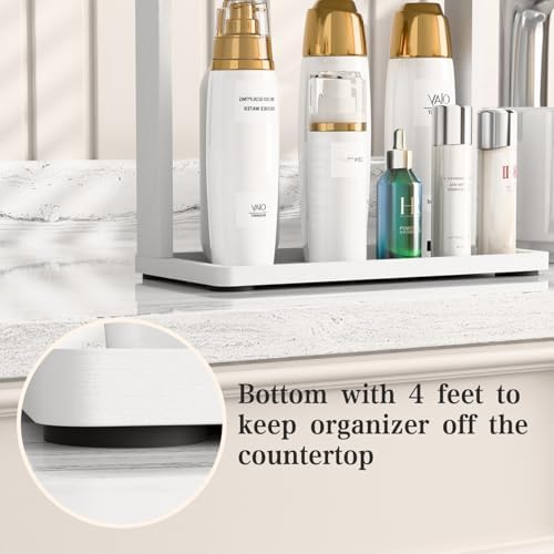 PEKER Bamboo Bathroom Organizer Countertop โ Small Vanity Storage Shelf for Makeup, Perfume, Skincare โ Natural Cosmetics Display Rack for Dresser, Sink, Kitchen โWhite