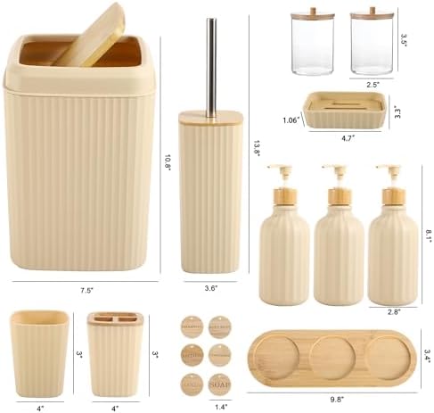 Bathroom Set 17PCS Beige Bathroom Accessories Set Bathroom Sets with Trash Can 3PCS Lotion Soap Dispenser, Toothbrush Holder,6PCS Wood Tags Bathroom Accessories for Kitchen Bathroom