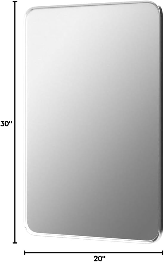 Silver Bathroom Mirror 24x30in, Metal Framed Rounded Rectangle | Tempered Glass, Shatter Proof, Anti-Rust Frame, Hangs Horizontal or Vertical