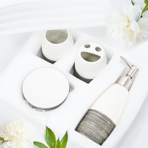 CERBIOR Bathroom Accessories Set,4 PCS Ceramic Bath Accessory,Grey White