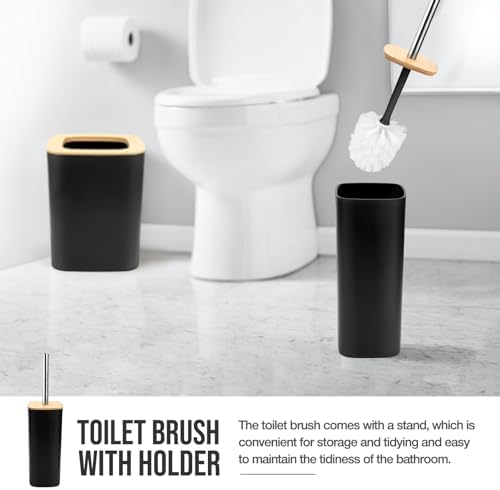 Hommtina Bamboo Bathroom Accessory Set, 6 Pcs Bathroom Essential Includes Toothbrush Cup, Toothbrush Holder, Soap Dispenser, Soap Dish, Toilet Brush with Holder, Trash Can (Black Square)