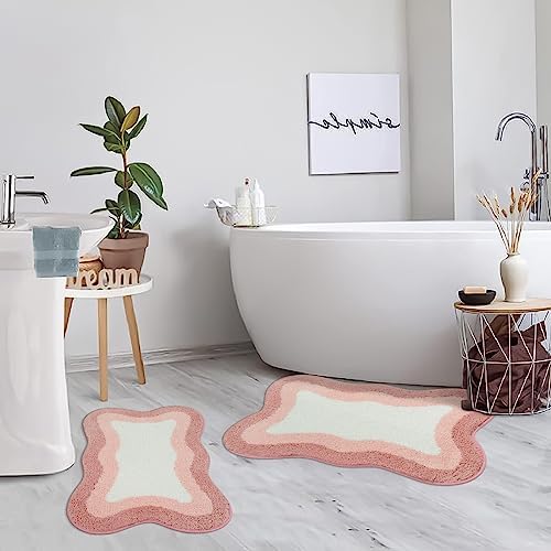 HAOCOO Pink Bathroom Rugs Non Slip 20X31 inch, Ultra Soft Absorbent Irregular Shape Bath Rug, Microfiber Washable Non-Slip Bathmat Boho Decor for Bedroom Bathroom Floor Tub Shower