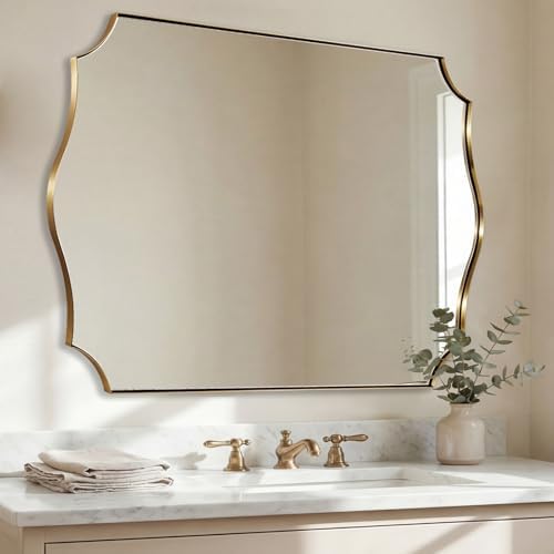ANDY STAR 36"x48" Gold Vanity Mirror, Large Bathroom Mirrors for Wall, Antique Champagne Bronze Mirror in Anti-Rust Stainless Steel Thin Frame, Elegant Curved Scallop Design, Ideal for Home Remodel