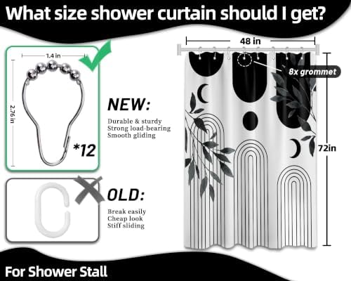 Mid Century Modern White and Black Shower Curtain Bohemian MCM Black and White Shower Curtains for Mens Bathroom Decor, Boho Minimalist Pattern, Waterproof Cloth Fabric with Hooks 48x72 in