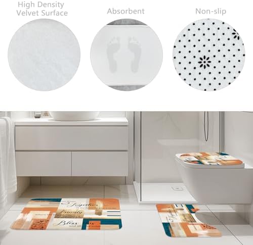 Beige Orange Blue Abstract Oil 4Pcs Bathroom Shower Curtain Set with Rugs