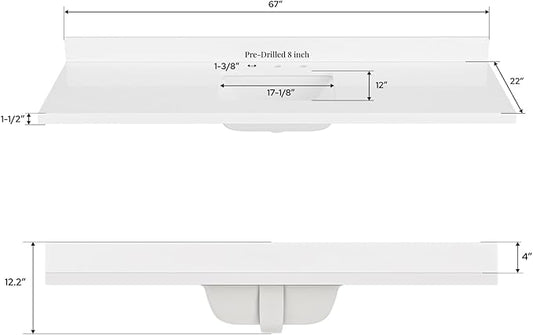 ARIEL 67 inch Bathroom Vanity top with Sink, 1.5 Inch Thick Miter Edge White Quartz top, Rectangle Single Porcelain Sink, Includes Backsplash